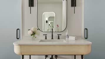 Shower, rainfall showerhead, designer toiletries, hair dryer