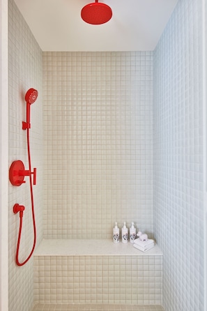 Shower, rainfall showerhead, designer toiletries, hair dryer