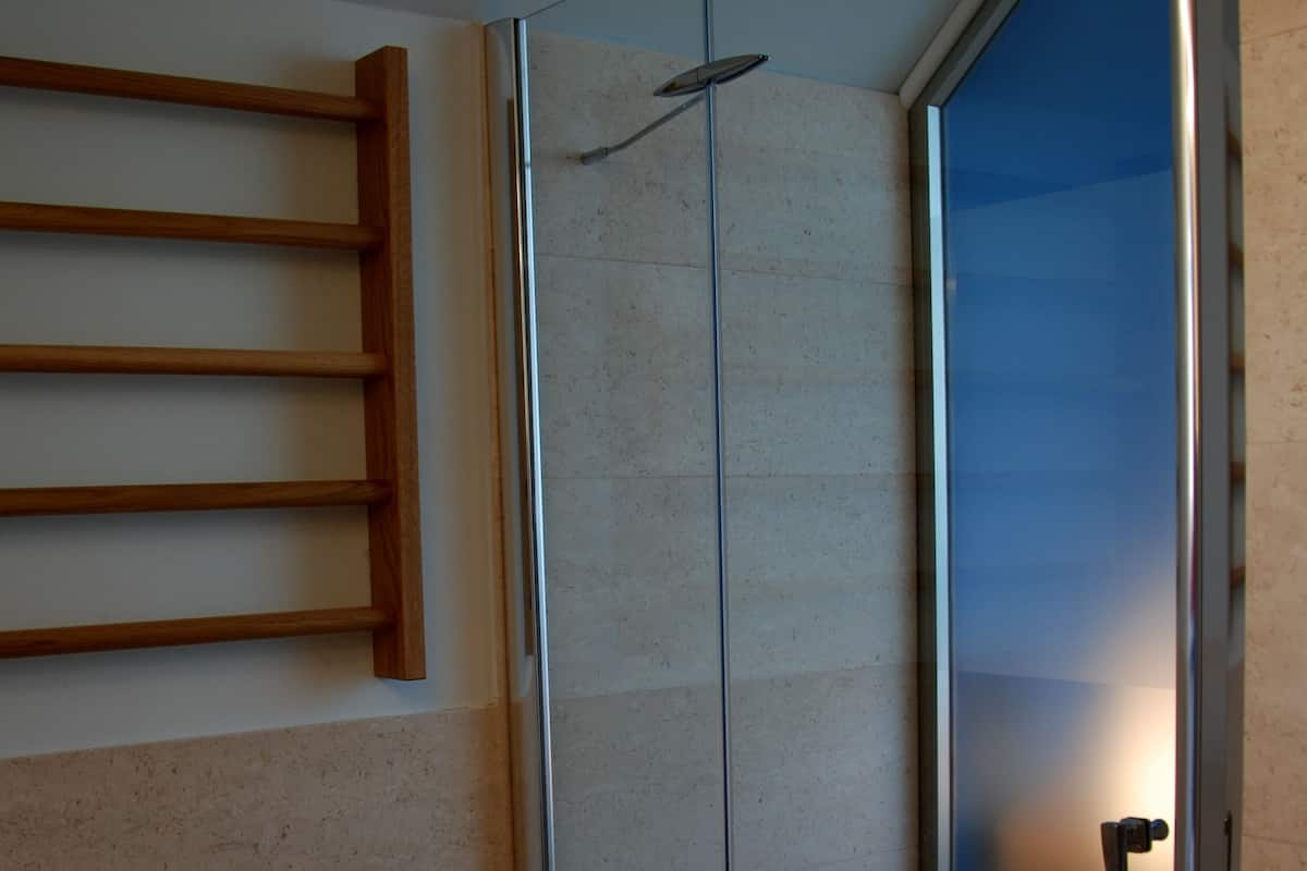 Une douche en verre avec un pommeau de douche à main, une étagère en bois et des toilettes visibles dans un coin.