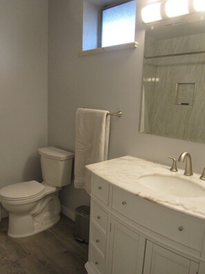 Combined shower/tub, hair dryer, towels, soap