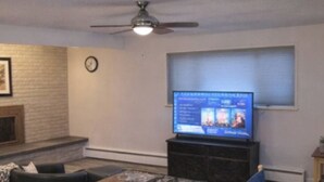 Een woonkamer met een open haard, een televisie en een plafondventilator.