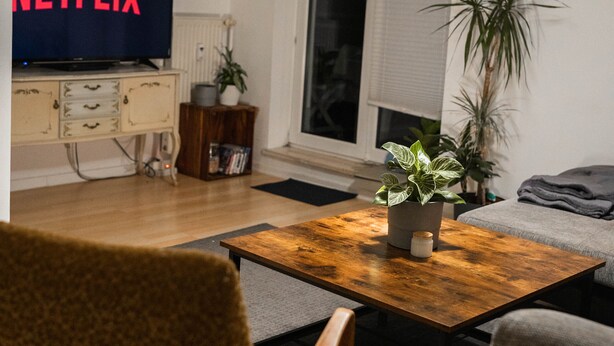 Uma sala de estar com mesa de centro de madeira, sofá, TV exibindo 'NETFLIX', planta em vaso e janela com persianas.