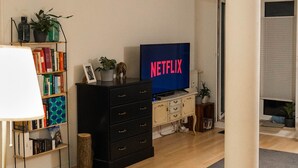 Uma sala de estar com piso de madeira, uma estante de livros, um armário preto, uma televisão exibindo o logotipo da Netflix e uma janela com persianas.