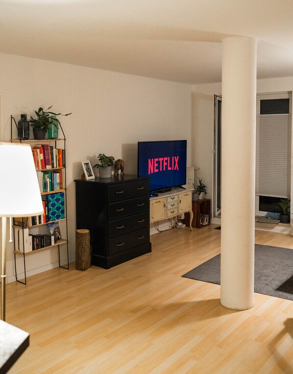 A living room with a wooden floor, a bookshelf, a black cabinet, a television displaying the Netflix logo, and a window with blinds.