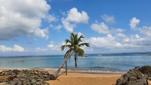 On the beach, white sand, free beach cabanas, sun-loungers
