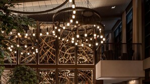 Un restaurant doté d’une longue table à manger, de nombreuses chaises et d’un plafond haut, agrémenté de luminaires suspendus.