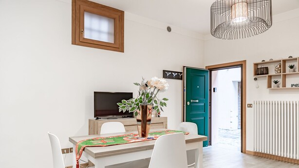 Un coin repas comprenant une table, des chaises, un vase avec des fleurs, un téléviseur et une porte verte.