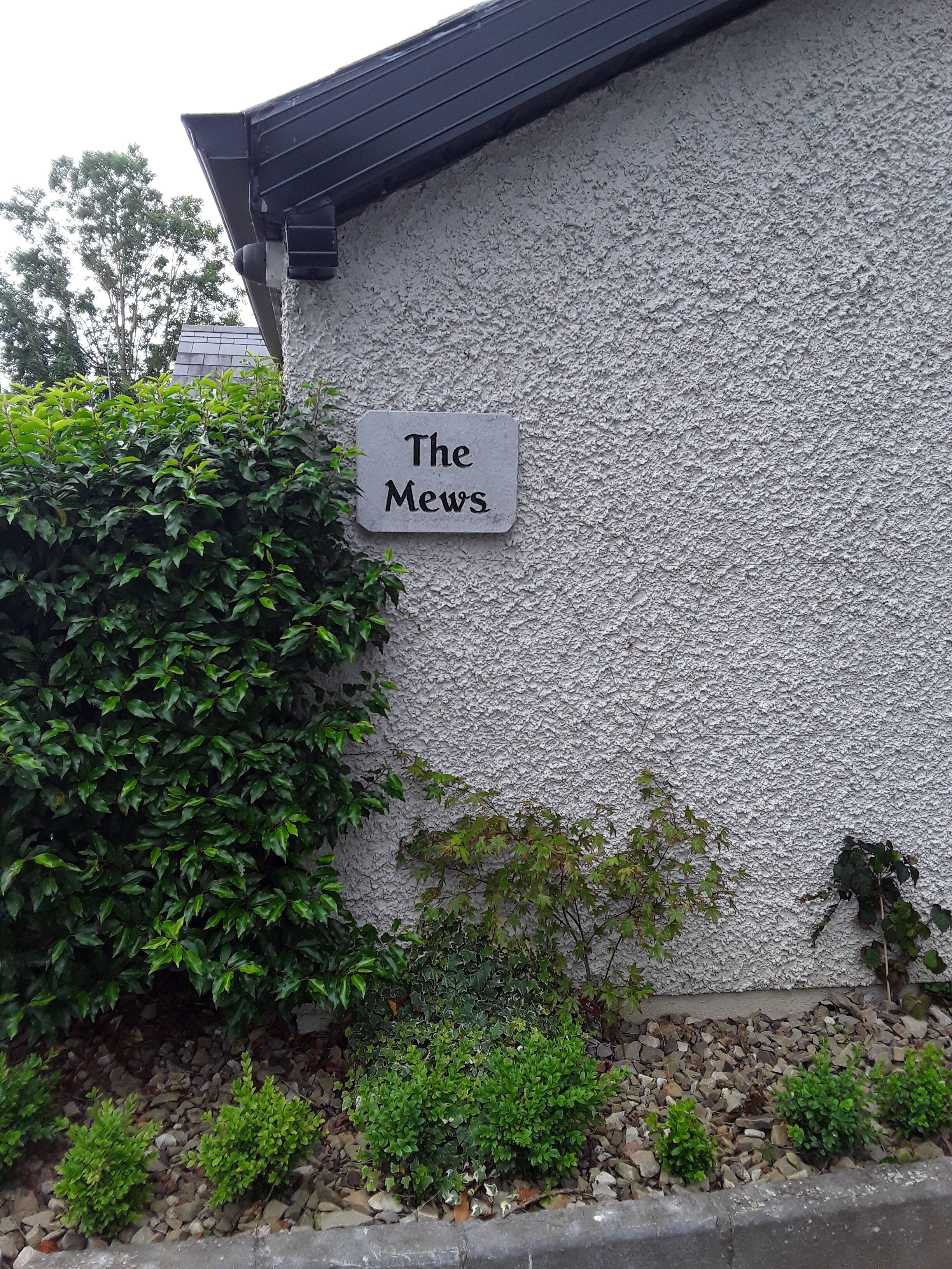 A building with a sign reading "The Mews" on a textured wall.