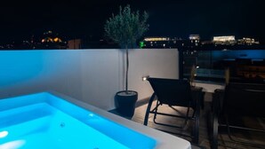 A rooftop terrace with a hot tub, a potted plant, and a chair.
