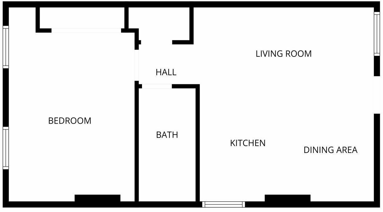 A floor plan with a bedroom, bathroom, kitchen, dining area, living room, and hall.