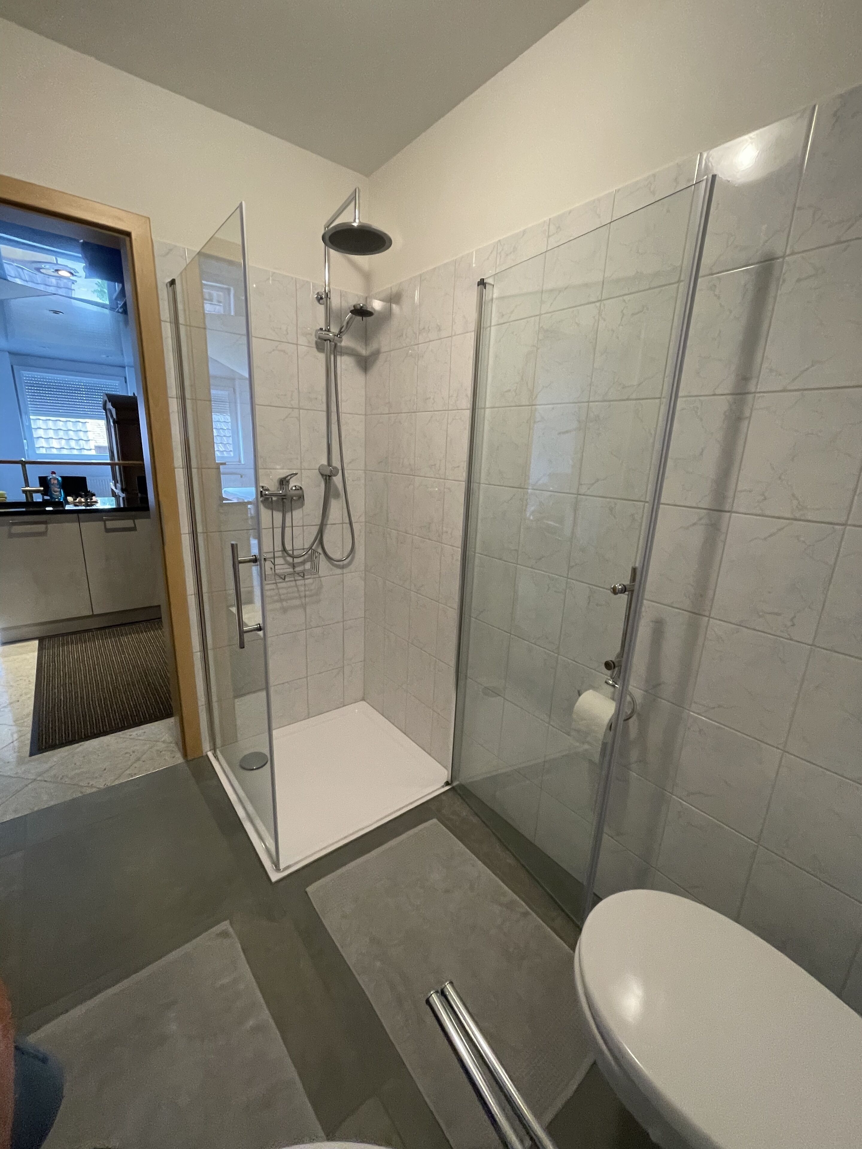 Shower, hair dryer, towels, toilet paper