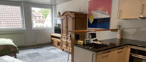 Fridge, stovetop, dishwasher, coffee/tea maker