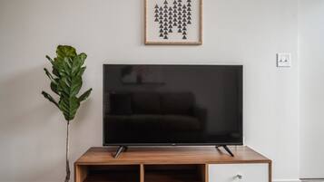 A flat-screen TV on a wooden TV stand with a drawer, a potted plant, and a framed picture on the wall.