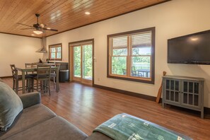Smart TV, fireplace, books