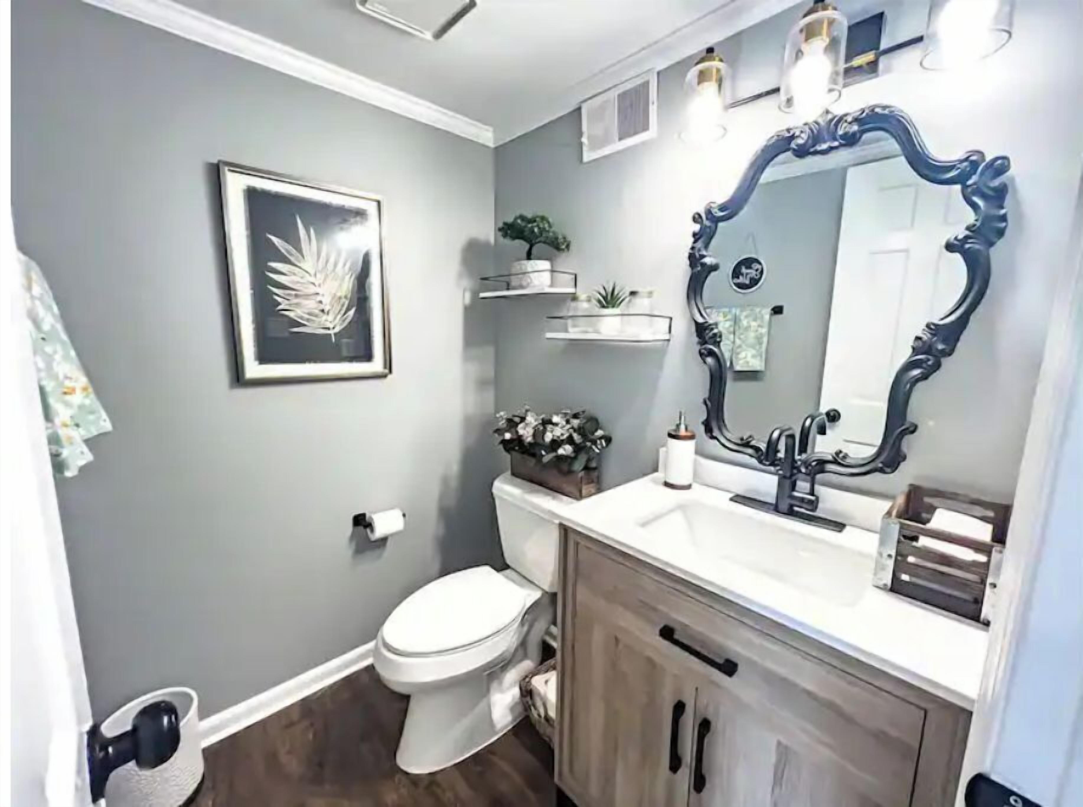 A bathroom with a toilet, a sink with a mirror, and a framed picture on the wall.