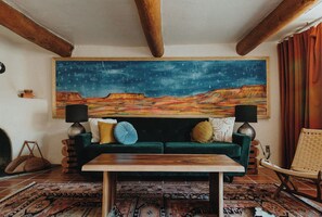 Smart TV, fireplace, books