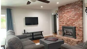 Smart TV, fireplace, books, stereo