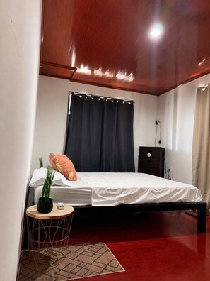 A bedroom with a bed, a bedside table, a small round table with a plant, a black wardrobe, and a red carpet.