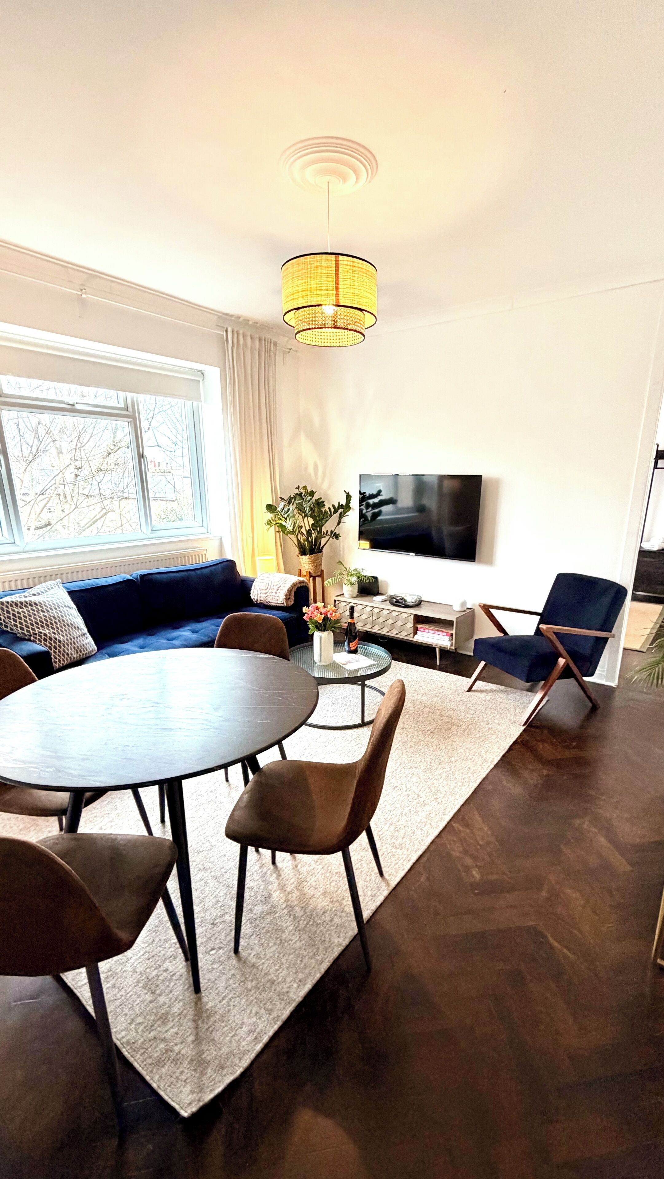 A modern living room with a sofa, a dining table with chairs, a TV, and a decorative plant.