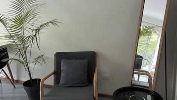 Quarto com sofá cinzento, um espelho grande, uma planta em vaso e uma mesinha.