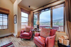 Smart TV, fireplace, books, offices