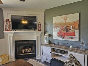 Smart TV, fireplace, video games, DVD player
