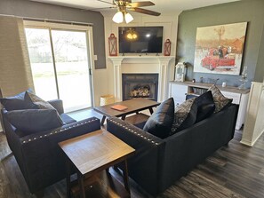 Smart TV, fireplace, video games, DVD player