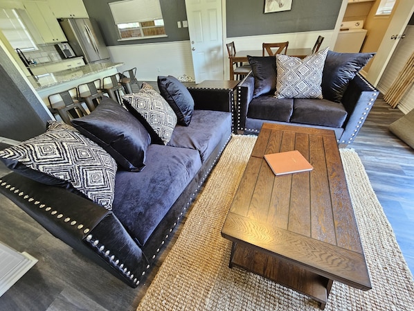 Smart TV, fireplace, video games, DVD player