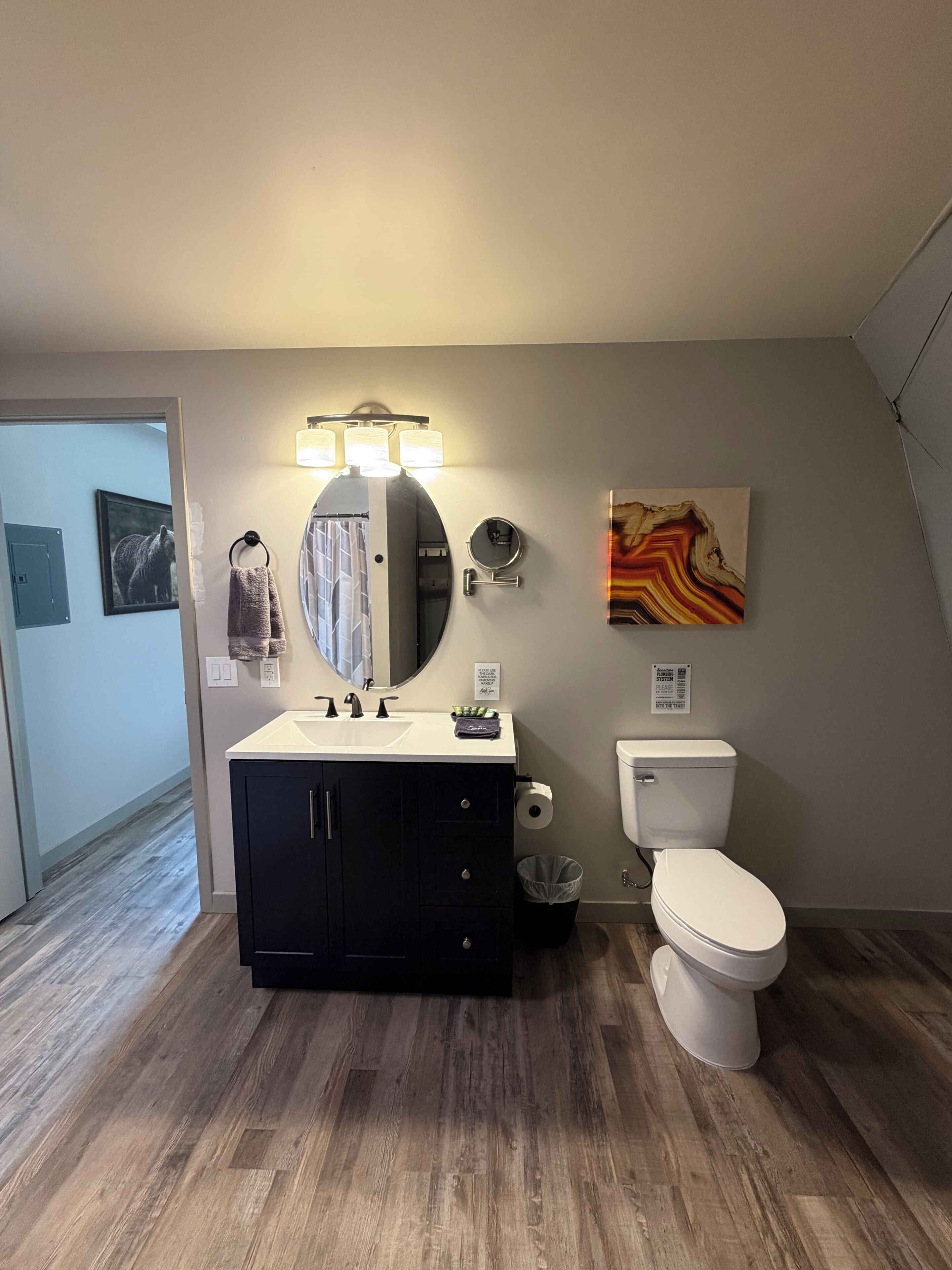 A bathroom with a vanity, sink, mirror, and toilet.