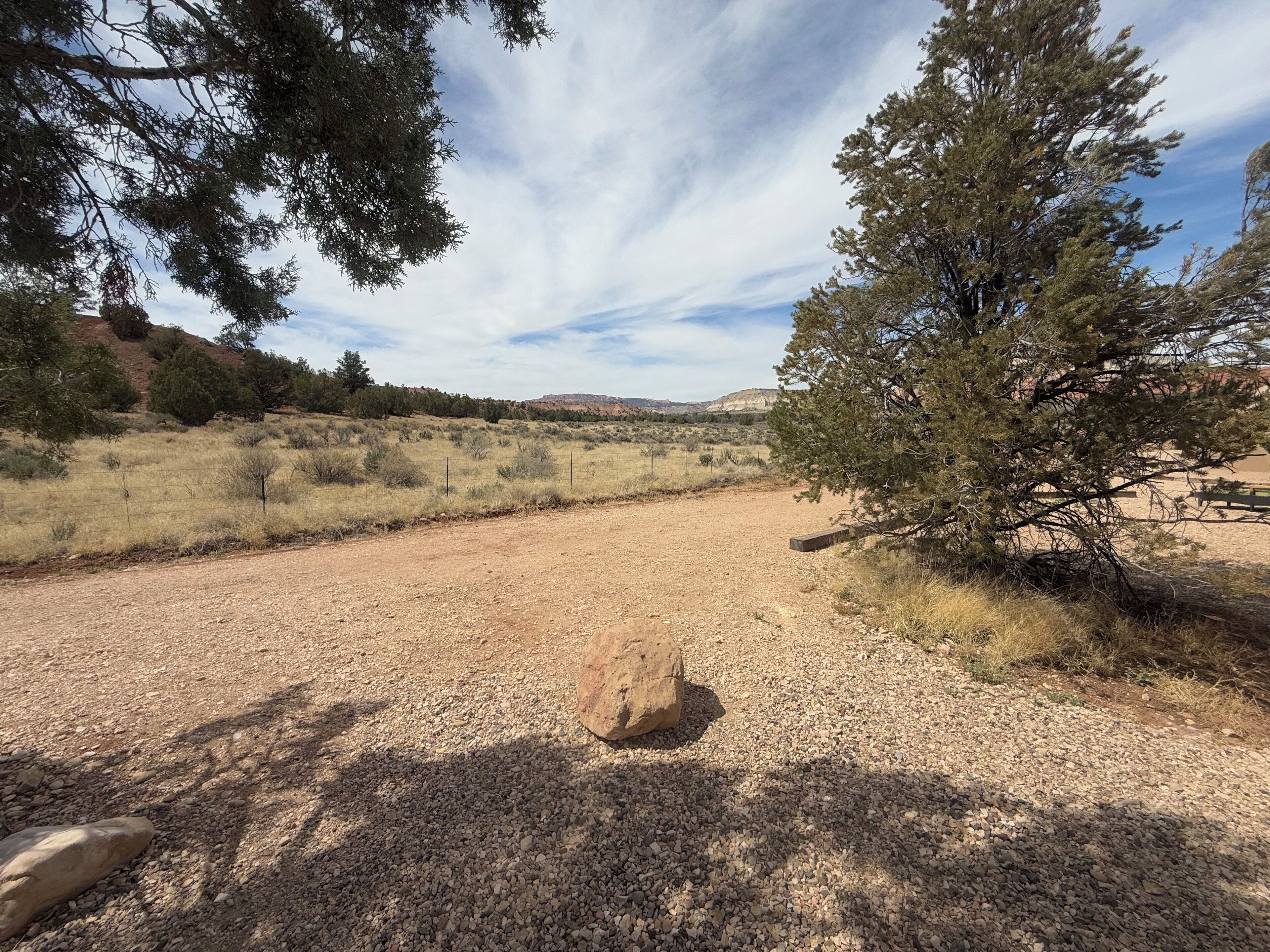 Un sentier de gravier traverse un paysage aride et dégagé, où la végétation est rare et où l’on ne trouve que quelques arbres.