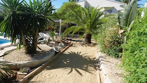 Un giardino con diverse piante e una piscina.