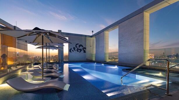 Piscina infinita en la azotea con sillones reclinables y sombrillas, rodeada de paredes de cristal que ofrecen vistas panorámicas de la ciudad.