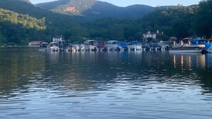 A marina with boats docked, surrounded by hills and trees. - Cozy Blue Skies Cabin - walk to Chimney Rock & Lake Lure (Lake Lure)