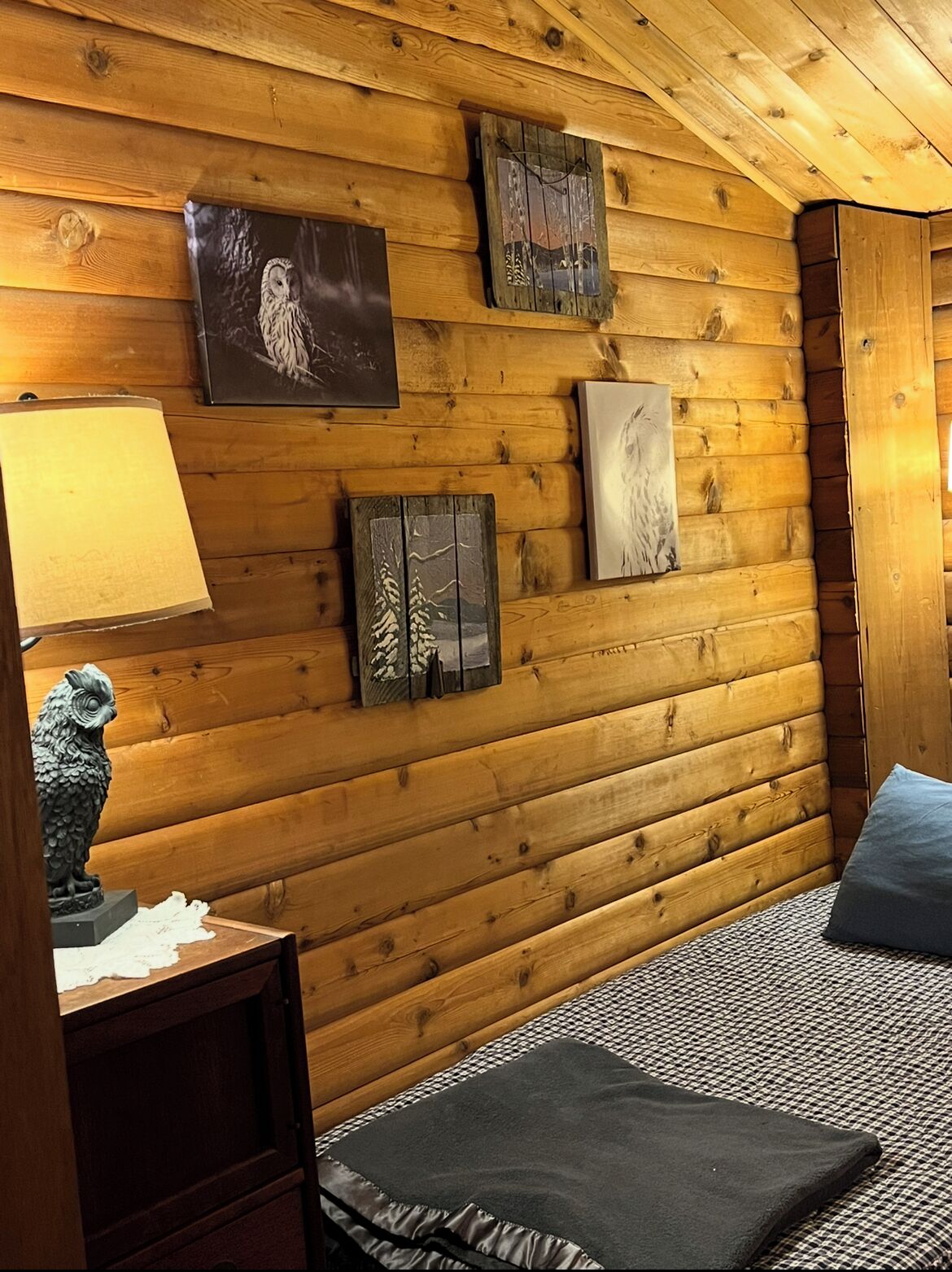 Ein gemütliches Blockhauszimmer mit Holzwänden, einem Bett mit karierter Decke, einer Lampe und Wandbildern mit Eulen und Bäumen.