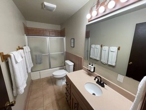 Combined shower/tub, hair dryer, towels, soap