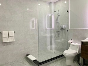 Douche, séchoir à cheveux, serviettes fournies, savon