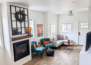 Smart TV, fireplace, books