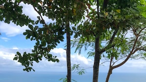 A wooden table with a meal and a drink, overlooking the sea. - Edge Resort Yogyakarta (Giricahyo)