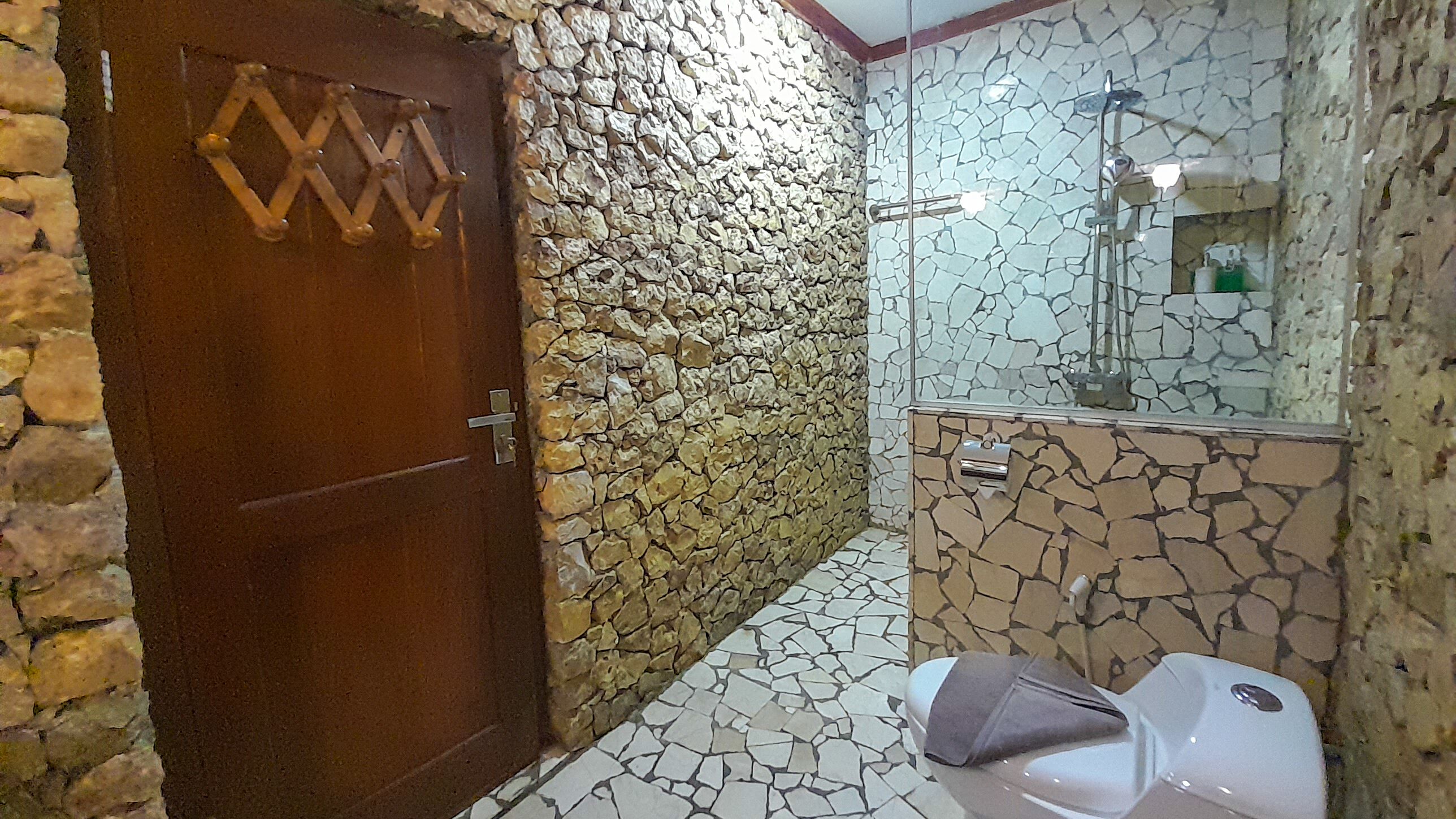 A bathroom with a stone wall, a wooden door, and a tiled floor.