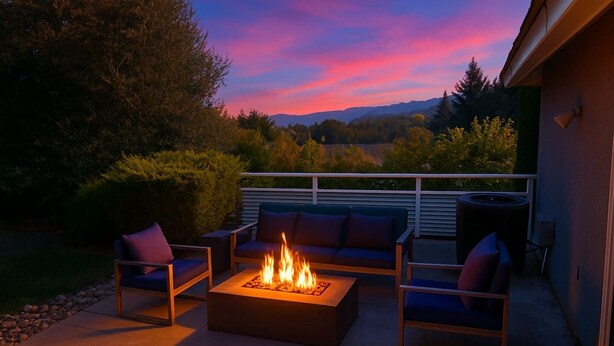Un patio con un pozo de fuego, mobiliario exterior y vistas a las montañas.