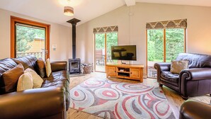 A living room with a fireplace, leather sofas, a TV, and large windows. - Deluxe lodge with one master double with en suite walk-in shower and one twin. (Cartmel)