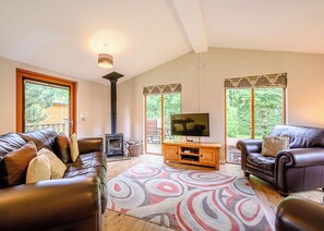 A living room with a fireplace, leather sofas, a TV, and large windows.