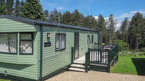 Une maison mobile verte avec un porche, une petite terrasse et une allée en gravier.