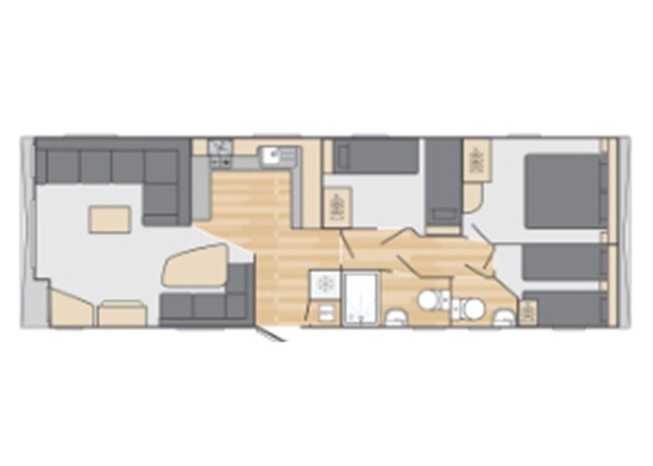 A floor plan with a living area, kitchen, dining space, and a separate bedroom.