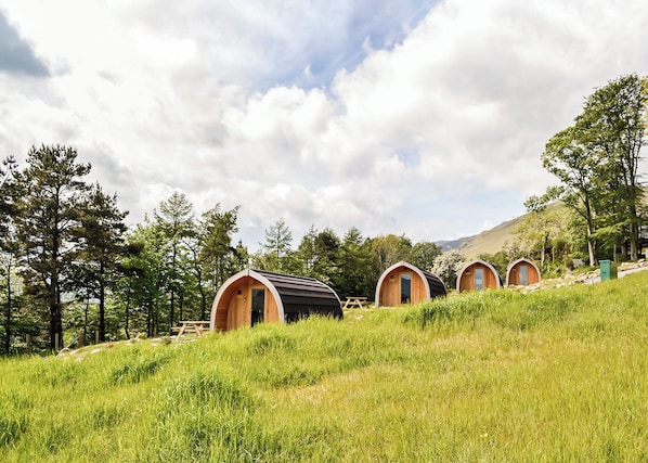 A row of wooden dome-shaped cabins with a picnic table in between, set in a grassy area with trees and a mountain in the background. - 1 bedroom accommodation in Troutbeck (Troutbeck)