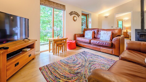 Ein Wohnzimmer mit Fernseher, Ledersofa, Holztisch, farbenfrohem Teppich und Kamin.