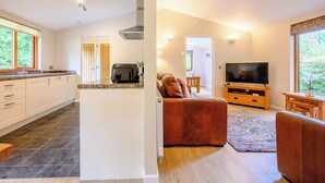 Eine moderne Küche mit Toaster, Fernseher und einer Couch im Wohnbereich.