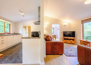A modern kitchen with a toaster, a TV, and a sofa in the living area. - Decadent lodge designed to exacting, luxury standards. (Cartmel)
