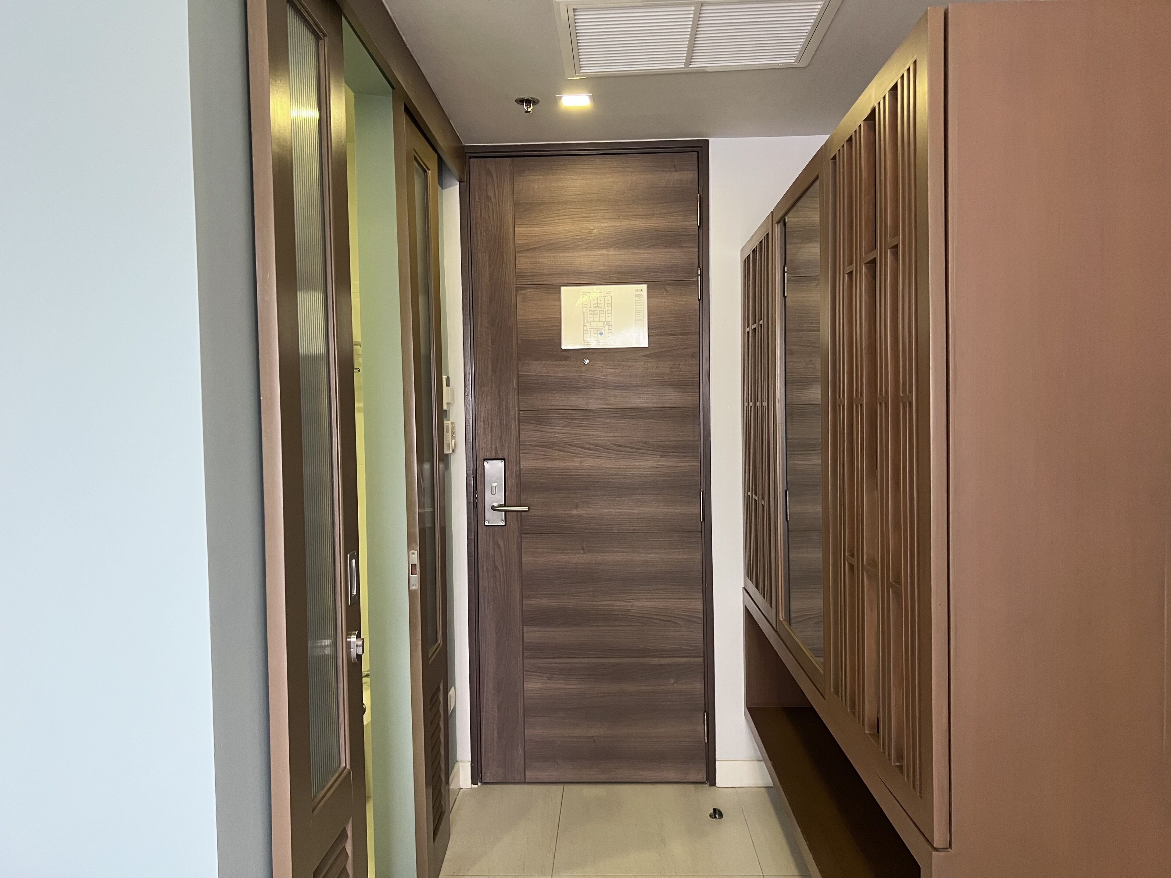 A hallway with a wooden door, a light switch, and a ceiling light fixture.