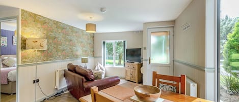 A cozy living room with a sofa, a dining table with a bowl, a television, and a window with a view of greenery.